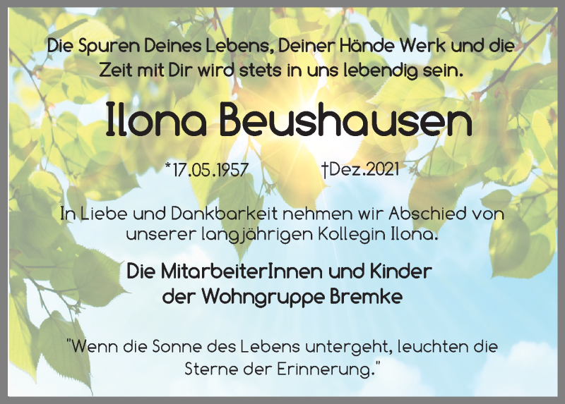  Traueranzeige für Ilona Beushausen vom 08.01.2022 aus Göttinger Tageblatt