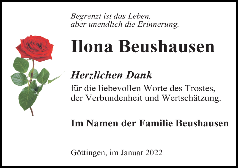  Traueranzeige für Ilona Beushausen vom 22.01.2022 aus Göttinger Tageblatt