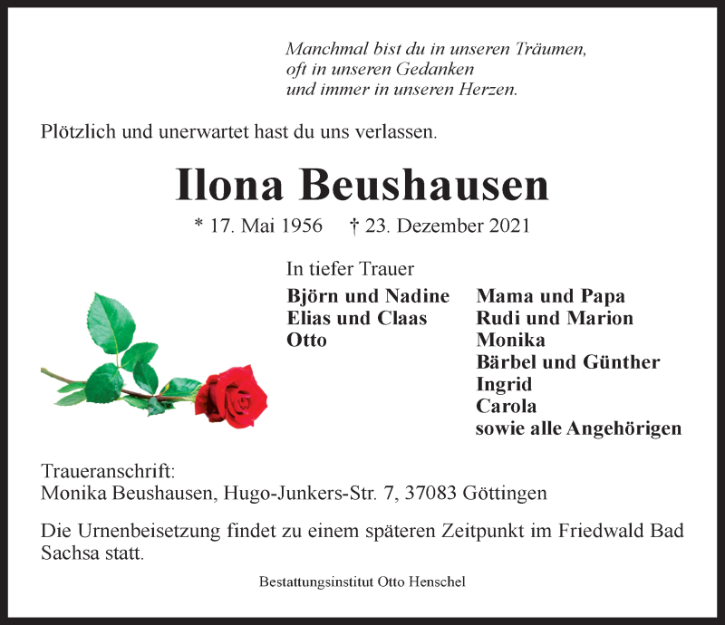  Traueranzeige für Ilona Beushausen vom 07.01.2022 aus Göttinger Tageblatt