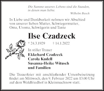 Traueranzeige von Ilse Czadzeck von Märkischen Allgemeine Zeitung