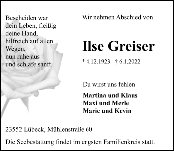 Traueranzeige von Ilse Greiser von Lübecker Nachrichten
