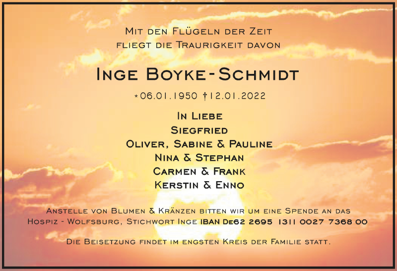  Traueranzeige für Inge Boyke-Schmidt vom 15.01.2022 aus Aller Zeitung
