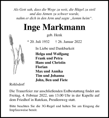 Traueranzeige von Inge Markmann von Lübecker Nachrichten