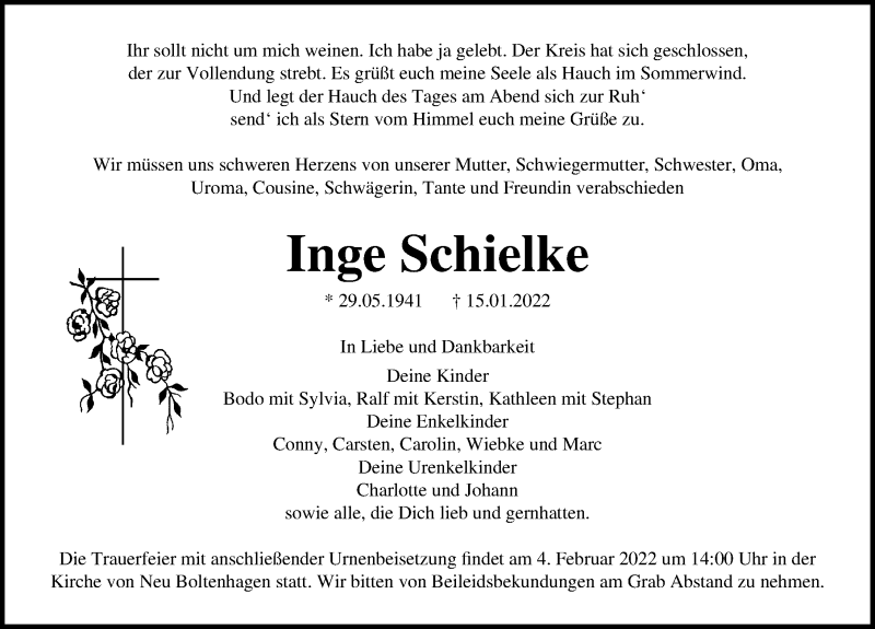  Traueranzeige für Inge Schielke vom 22.01.2022 aus Ostsee-Zeitung GmbH