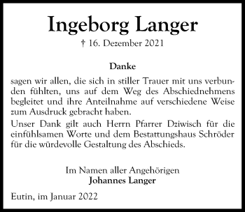 Traueranzeige von Ingeborg Langer von Lübecker Nachrichten