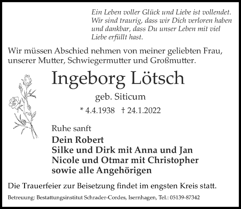  Traueranzeige für Ingeborg Lötsch vom 29.01.2022 aus Hannoversche Allgemeine Zeitung/Neue Presse
