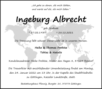 Traueranzeige von Ingeburg Albrecht von Göttinger Tageblatt