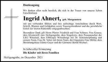 Traueranzeige von Ingrid Ahnert von Märkischen Allgemeine Zeitung