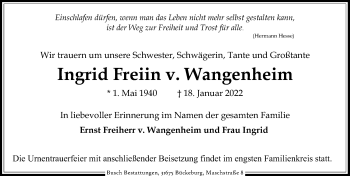 Traueranzeige von Ingrid Freiin v. Wangenheim von Schaumburger Nachrichten