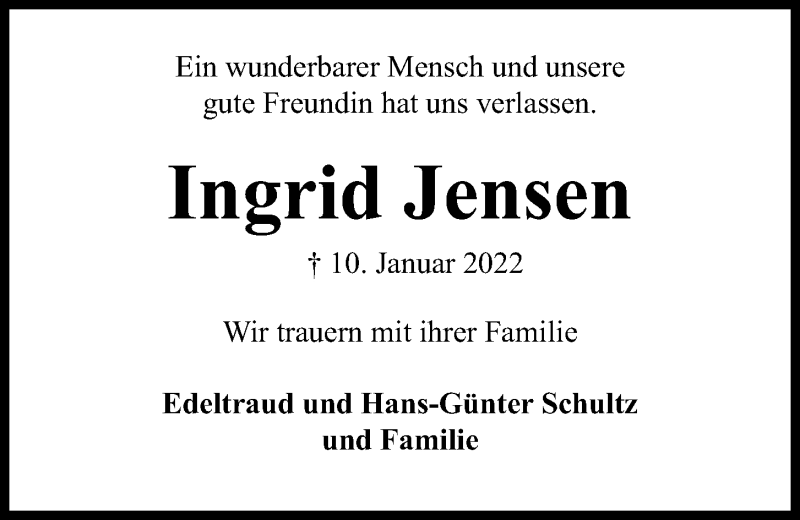  Traueranzeige für Ingrid Jensen vom 15.01.2022 aus Kieler Nachrichten