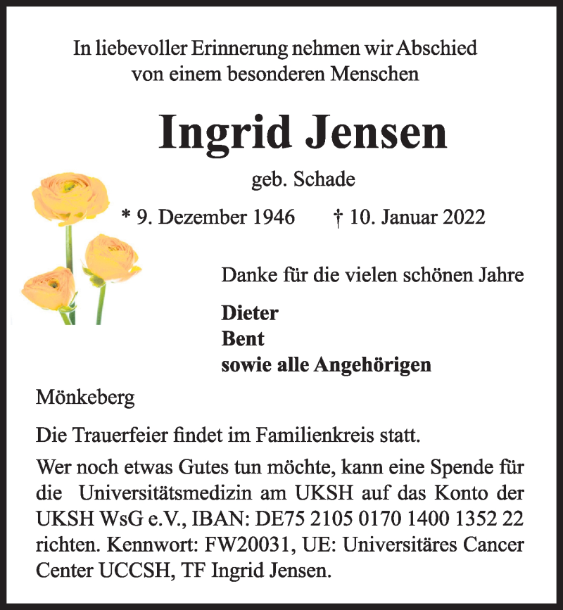 Traueranzeige für Ingrid Jensen vom 15.01.2022 aus Kieler Nachrichten
