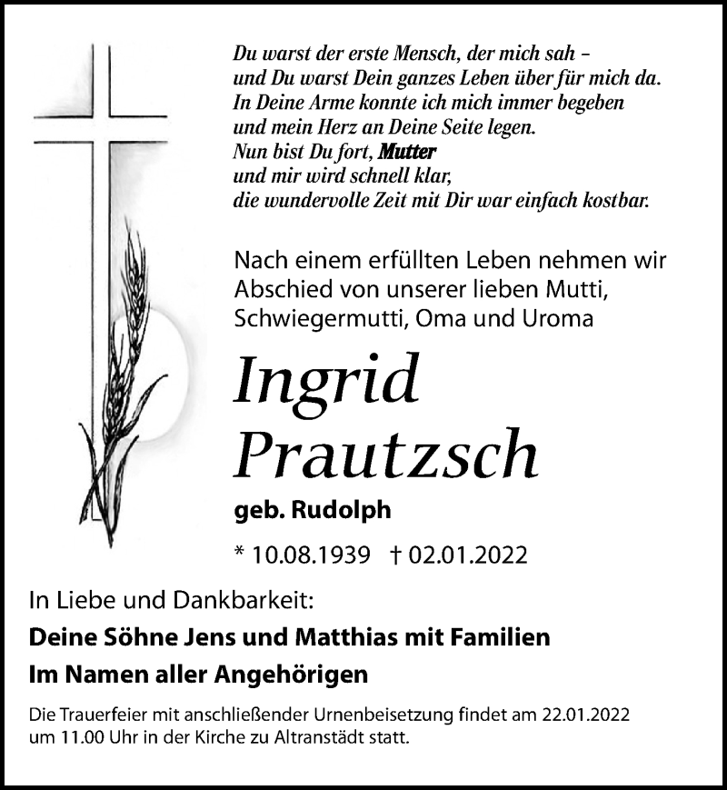  Traueranzeige für Ingrid Prautzsch vom 14.01.2022 aus Leipziger Volkszeitung