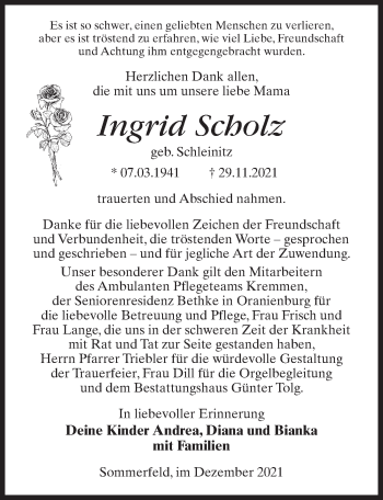 Traueranzeige von Ingrid Scholz von Märkischen Allgemeine Zeitung