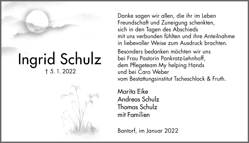 Traueranzeige für Ingrid Schulz vom 22.01.2022 aus Hannoversche Allgemeine Zeitung/Neue Presse