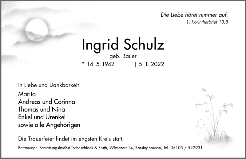  Traueranzeige für Ingrid Schulz vom 08.01.2022 aus Hannoversche Allgemeine Zeitung/Neue Presse