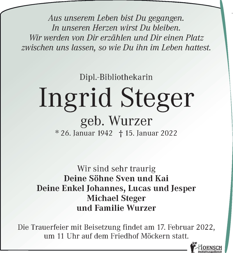  Traueranzeige für Ingrid Steger vom 29.01.2022 aus Leipziger Volkszeitung