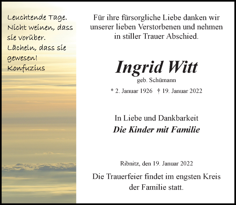  Traueranzeige für Ingrid Witt vom 22.01.2022 aus Ostsee-Zeitung GmbH