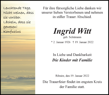 Traueranzeige von Ingrid Witt von Ostsee-Zeitung GmbH