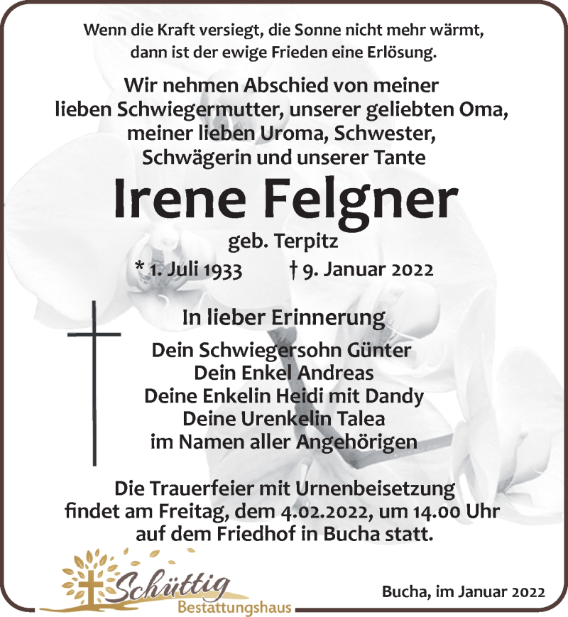  Traueranzeige für Irene Felgner vom 15.01.2022 aus Leipziger Volkszeitung