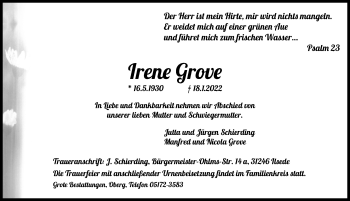 Traueranzeige von Irene Grove von Peiner Allgemeine Zeitung