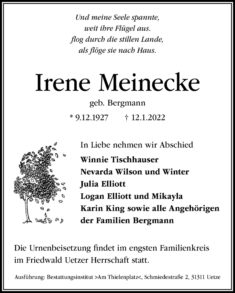  Traueranzeige für Irene Meinecke vom 15.01.2022 aus Hannoversche Allgemeine Zeitung/Neue Presse