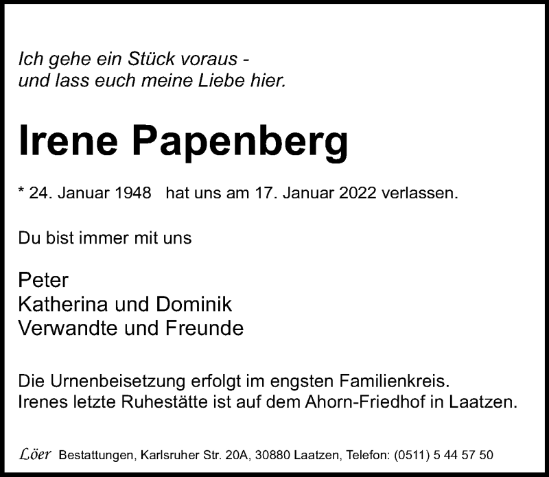  Traueranzeige für Irene Papenberg vom 22.01.2022 aus Hannoversche Allgemeine Zeitung/Neue Presse