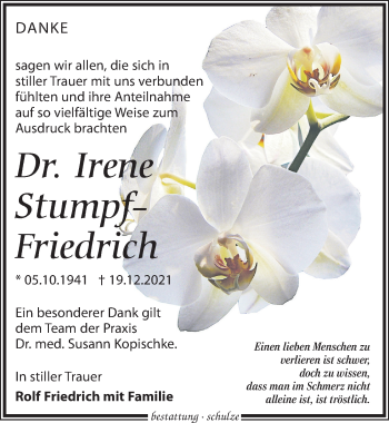 Traueranzeige von Irene Stumpf-Friedrich von Leipziger Volkszeitung