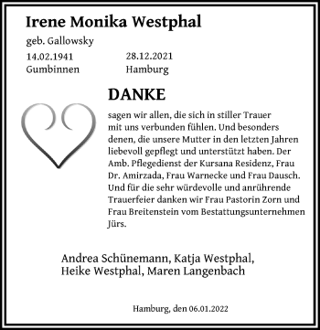 Traueranzeige von Irene Monika Westphal von Lübecker Nachrichten