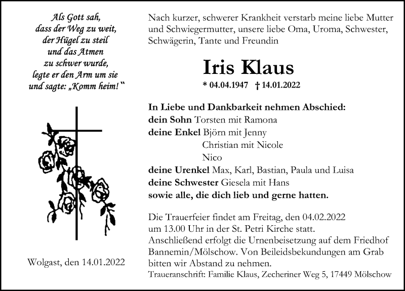  Traueranzeige für Iris Klaus vom 22.01.2022 aus Ostsee-Zeitung GmbH