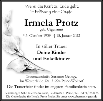 Traueranzeige von Irmela Protz von Peiner Allgemeine Zeitung