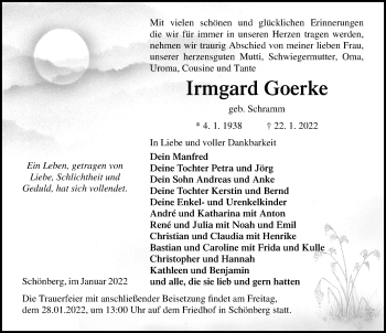 Traueranzeige von Irmgard Goerke von Ostsee-Zeitung GmbH