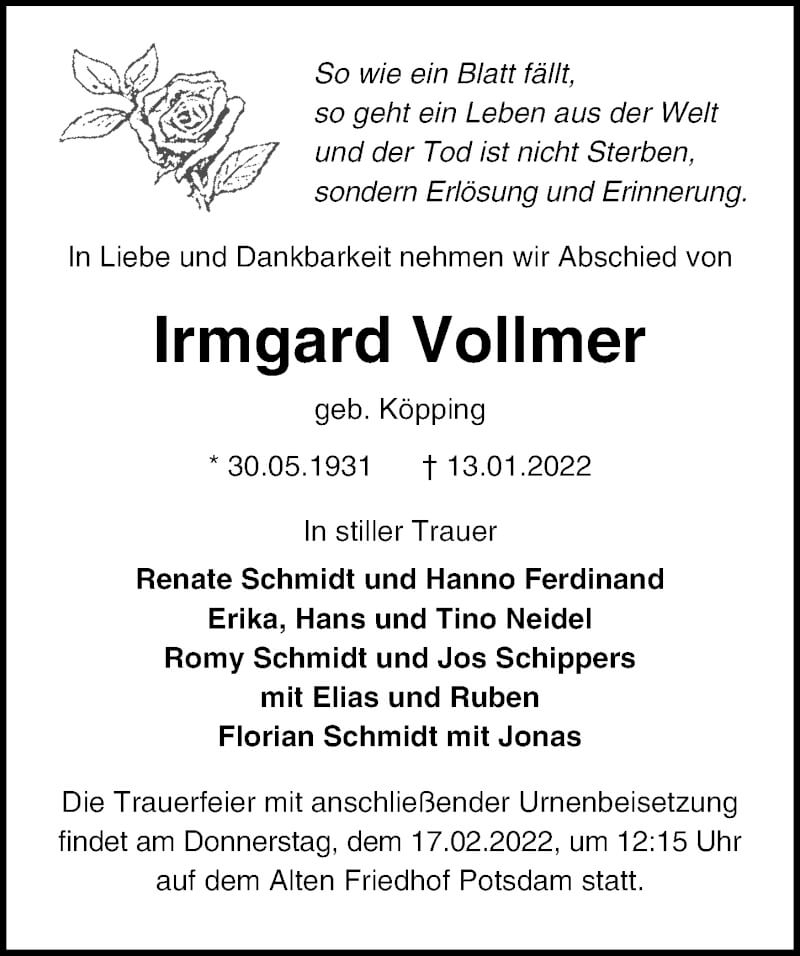  Traueranzeige für Irmgard Vollmer vom 29.01.2022 aus Märkischen Allgemeine Zeitung
