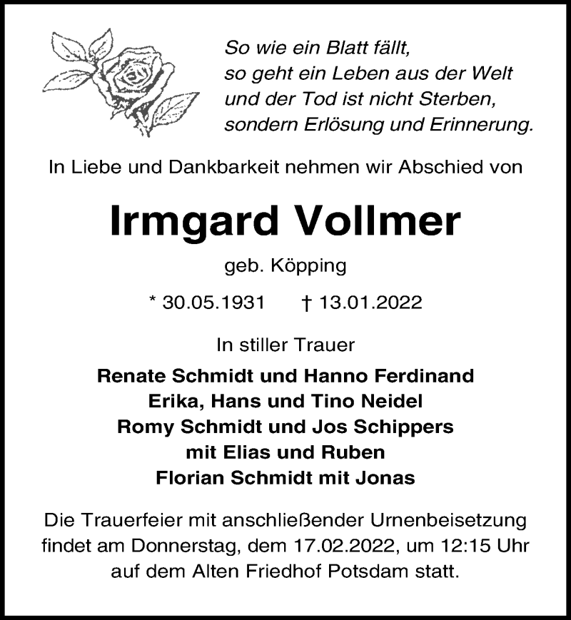  Traueranzeige für Irmgard Vollmer vom 29.01.2022 aus Leipziger Volkszeitung