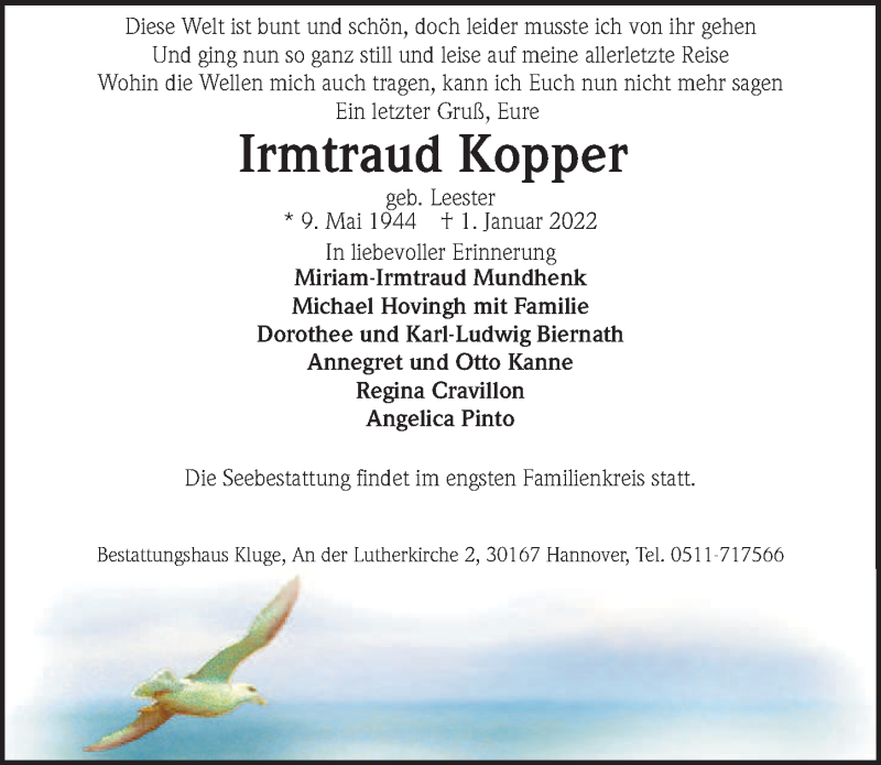  Traueranzeige für Irmtraud Kopper vom 08.01.2022 aus Hannoversche Allgemeine Zeitung/Neue Presse