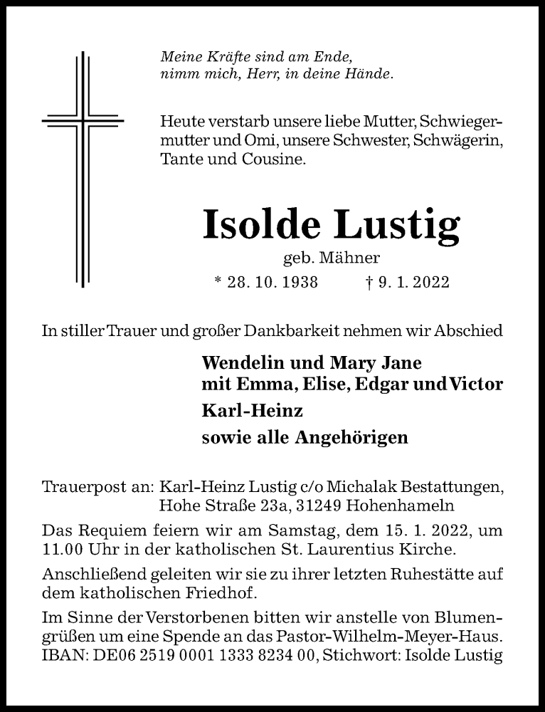  Traueranzeige für Isolde Lustig vom 13.01.2022 aus Peiner Allgemeine Zeitung
