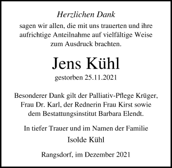 Traueranzeige von Jens Kühl von Märkischen Allgemeine Zeitung