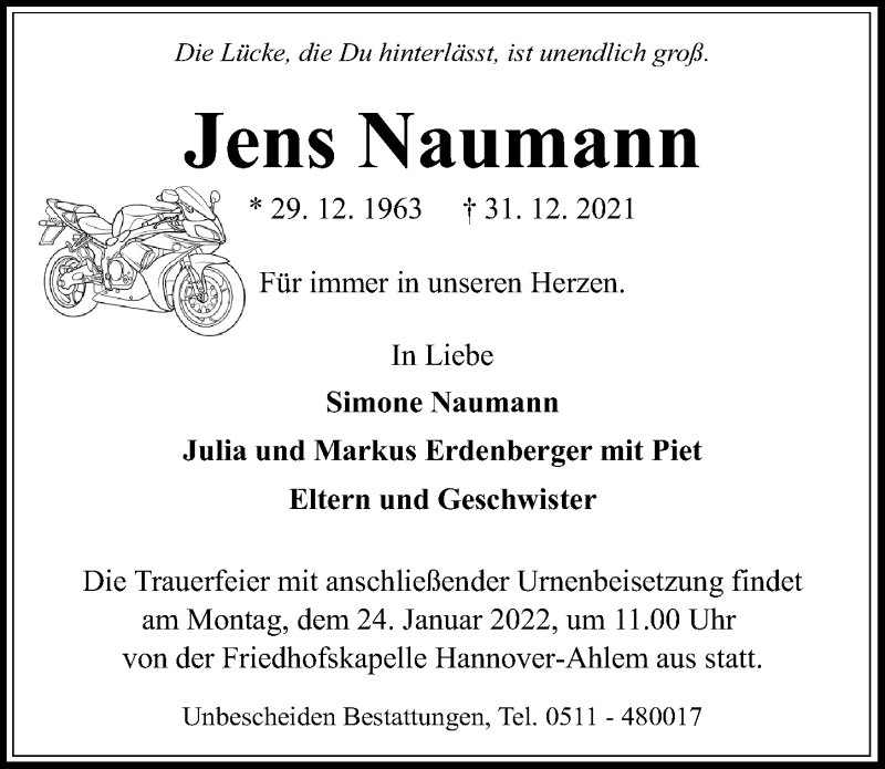  Traueranzeige für Jens Naumann vom 15.01.2022 aus Hannoversche Allgemeine Zeitung/Neue Presse