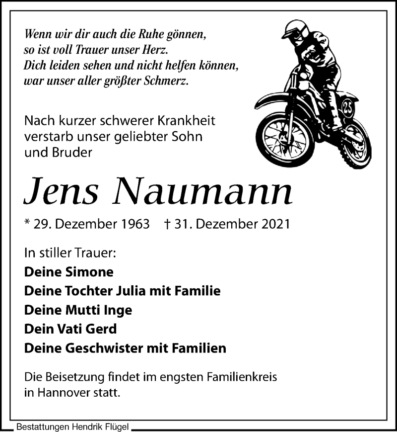  Traueranzeige für Jens Naumann vom 15.01.2022 aus Leipziger Volkszeitung