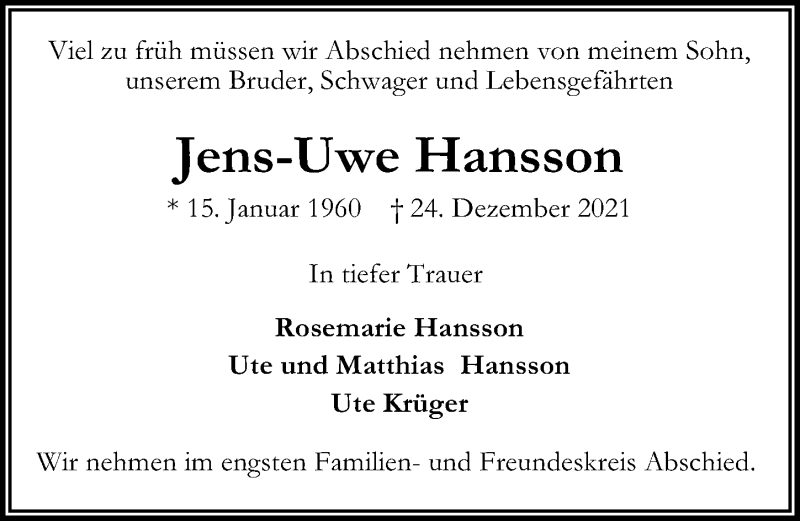  Traueranzeige für Jens-Uwe Hansson vom 01.01.2022 aus Lübecker Nachrichten