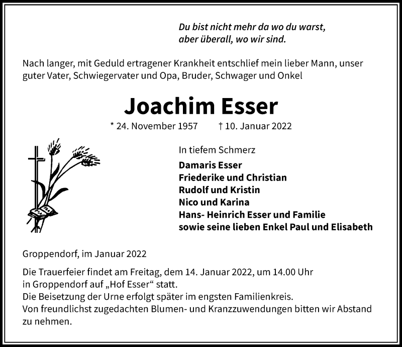  Traueranzeige für Joachim Esser vom 13.01.2022 aus Aller Zeitung
