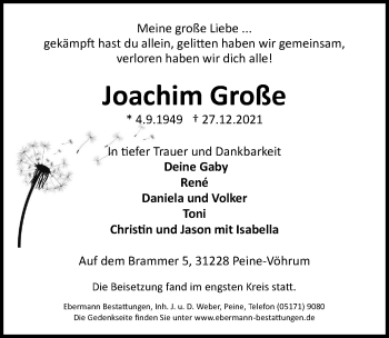 Traueranzeige von Joachim Große von Peiner Allgemeine Zeitung