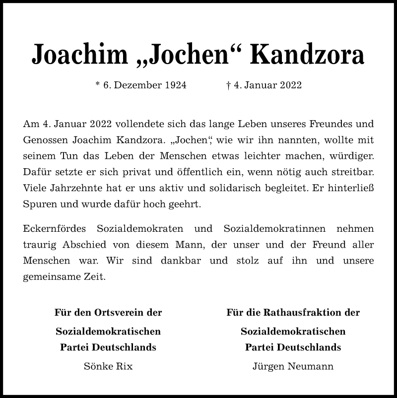  Traueranzeige für Joachim Kandzora vom 15.01.2022 aus Kieler Nachrichten