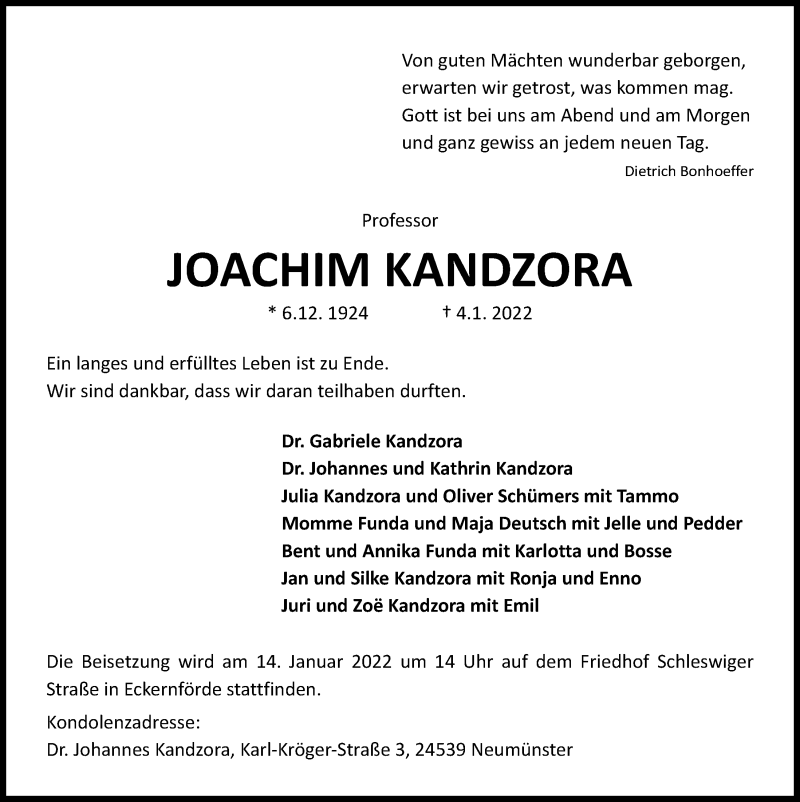  Traueranzeige für Joachim Kandzora vom 08.01.2022 aus Kieler Nachrichten