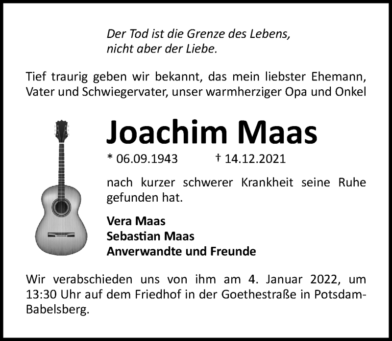  Traueranzeige für Joachim Maas vom 24.12.2021 aus Märkischen Allgemeine Zeitung