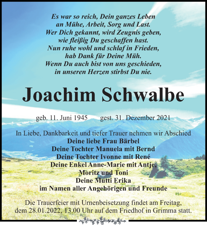  Traueranzeige für Joachim Schwalbe vom 08.01.2022 aus Leipziger Volkszeitung