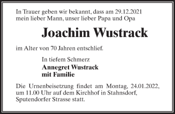 Traueranzeige von Joachim Wustrack von Märkischen Allgemeine Zeitung