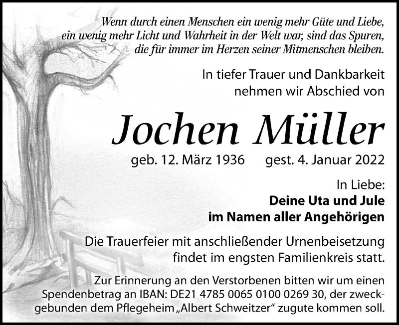  Traueranzeige für Jochen Müller vom 22.01.2022 aus Leipziger Volkszeitung