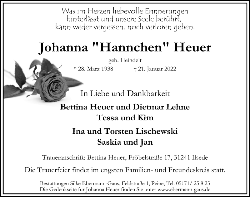  Traueranzeige für Johanna Heuer vom 25.01.2022 aus Peiner Allgemeine Zeitung