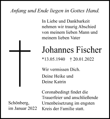 Traueranzeige von Johannes Fischer von Ostsee-Zeitung GmbH