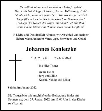 Traueranzeige von Johannes Konietzke von Ostsee-Zeitung GmbH